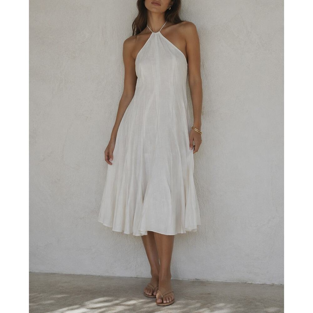 Cult Gaia White Linen Bias Cut Halter Neck Midi Dress Size Small
